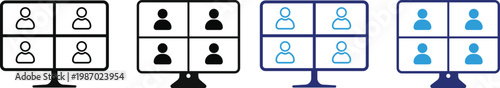 Virtual Meeting Icon Set. Video conference and remote work symbols. Online meeting icons. training icons on computer, laptop, tablet, mobile phone. teamwork discussion symbol design
