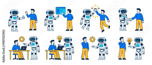 Human and Robot Interaction Set, Person Working with Artificial Intelligence Assistant, Collaborative Teamwork Concept, Flat Vector Characters Showing Team Success, Problem Solving and Coding Illustra