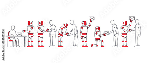 Robots delivering letters to humans, set of flat line art icons depicting automated mail service, business communication, digital transformation, and futuristic interaction between people and technolo
