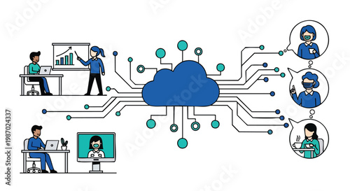Cloud computing network with people working and communicating remotely