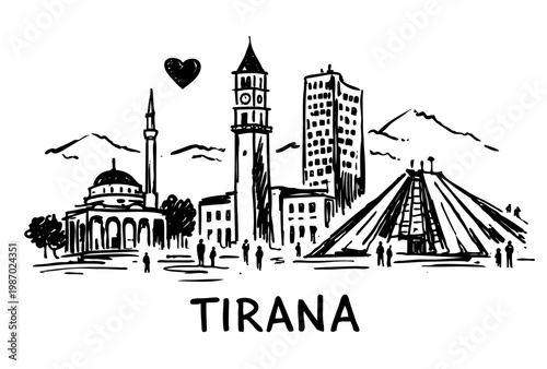 Tirana City Skyline Sketch Displays Et'hem Bey Mosque, Historic Clock Tower, Modern Buildings, and the Pyramid of Tirana, With People on the Ground and Mountains in the Background
