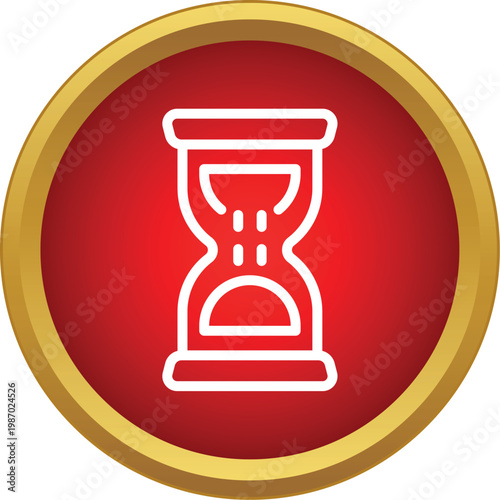 Hourglass sand flowing inside a white outline icon on a red circle with a golden border