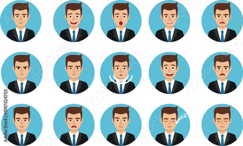 Businessman Circle Avatar Expression Set with Various Emotions and Facial Expressions for Corporate, Profile, and Character Designs