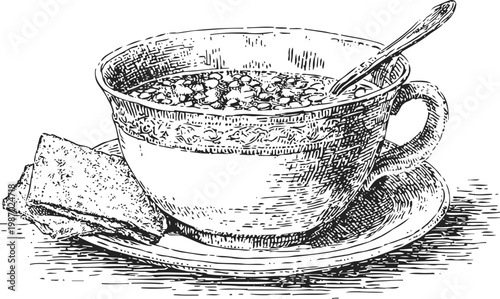 hot cup of soup with spoon on saucer and two pieces of bread vintage ink drawing illustration