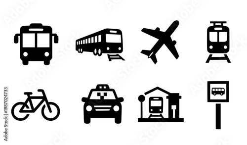Public transport silhouette icons black vector vehicle transit symbol minimal design set