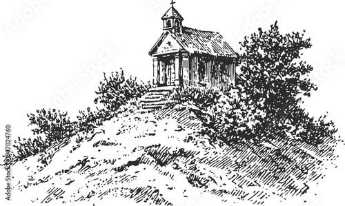 rustic hilltop chapel with cross surrounded by trees detailed ink drawing