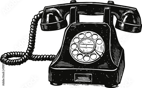 Vintage rotary dial telephone classic black corded landline phone with handset and coiled cord illustrated
