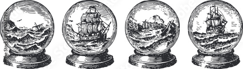 Vintage ships and lighthouses in glass globes hand drawn nautical maritime scenes in spherical display