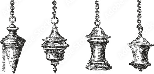 vintage pendulums set various antique hanging weights with chains, detailed engraved illustrations