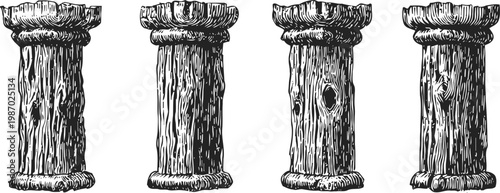 Ancient wooden columns hand drawn black and white sketches with textured bark and rustic design