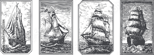 vintage sailing ships at sea set old wooden tall ships with sails on ocean waves