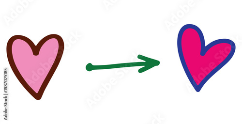 Pink heart transforms into bright pink heart with green arrow.