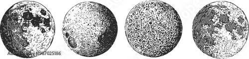 Vintage engraved moon illustrations showing detailed lunar surface phases and crater textures
