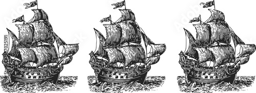 vintage sailing ship illustration with detailed rigging and billowing sails on the ocean waves