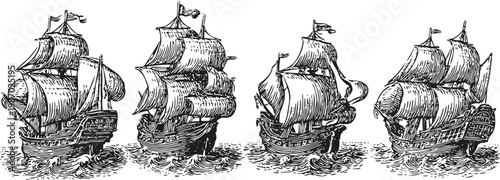 Vintage sailing ships illustration set classic wooden galleons with full sails and flags on the sea waves nautical maritime travel concept