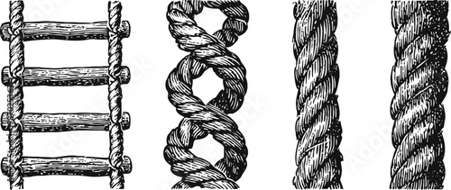 illustrations of various rope styles and ladder made from wooden rungs and fibers
