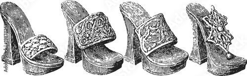 Vintage ornate high heel shoes collection with decorative straps, detailed engraved designs, and elegant patterns