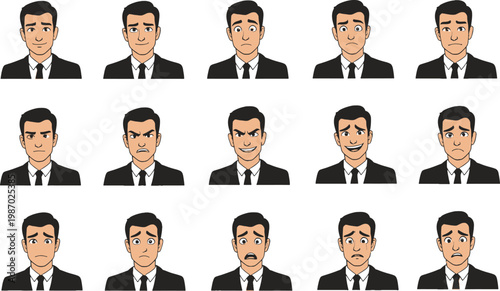 Businessman Face Expression Icon Set with Various Emotions for Corporate, Avatar, and Human Emotion Character Designs