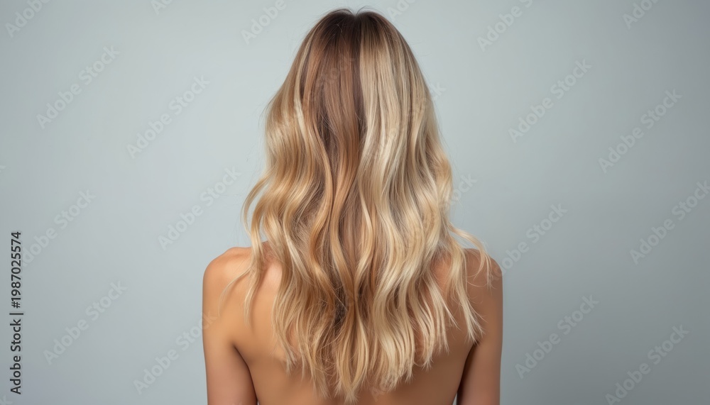 Fototapeta premium Woman back view gorgeous hair transformation. Long blond locks transition from textured roots to smooth flowing ends. Healthy shine contrasts with previous damage. Beauty treatment result perfect