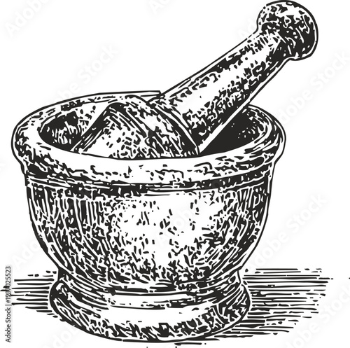 Mortar and pestle vintage engraving traditional kitchen tool for grinding spices and herbs