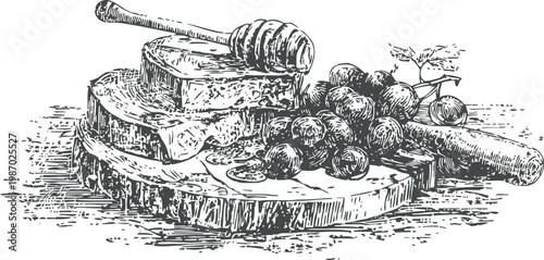 Rustic honeycomb and grape bunch on wooden board with honey dipper illustration