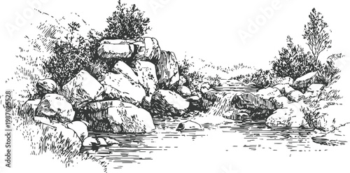 hand drawn river landscape with rocks and trees, flowing water and natural scenery illustration