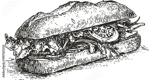Hand drawn sandwich illustration with lettuce, tomato, and sliced meat on a long bun