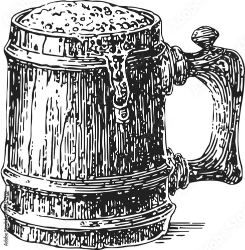 Vintage beer mug filled with frothy beverage, old wooden tankard with handle and metal bands