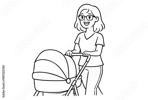 Smiling Woman in Glasses Pushes a Baby Carriage, Walking Outside Happily on a Bright Day, Taking Care of Her Infant Child