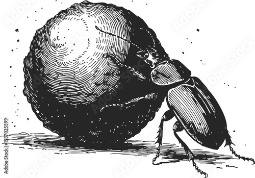 Dung beetle pushing a large ball hand drawn insect struggling with spherical load