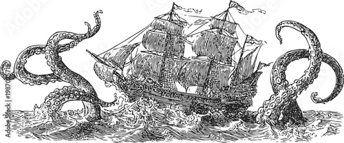 Vintage sailing ship attacked by giant octopus tentacles in turbulent sea waves