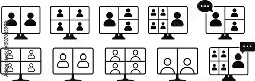 Online meeting icon set.  Webcam and microphone icons. teamwork discussion symbol design. training icons on computer, laptop, tablet, mobile phone. Digital communication signs
