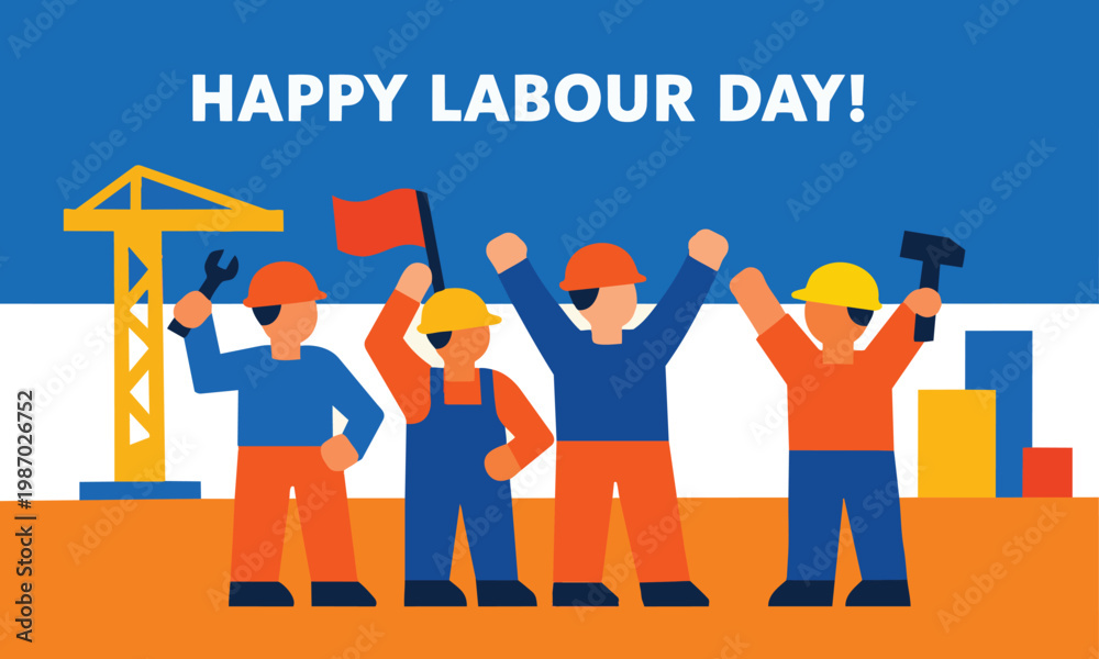Naklejka premium Happy Labour Day worker team city background flat vector illustration.