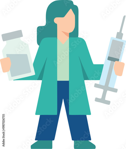 Female healthcare worker holding vaccine and syringe flat vector illustration.