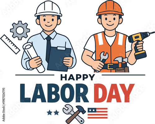Engineer and construction worker Labour Day flat vector illustration.
