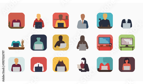 People working on laptops and tablets vector icons in frames modern office digital workflow set