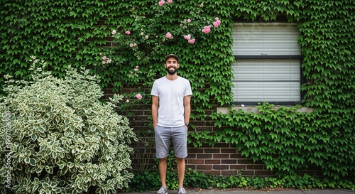 Smiling man standing in front of a brick wall covered in lush green ivy and pink roses