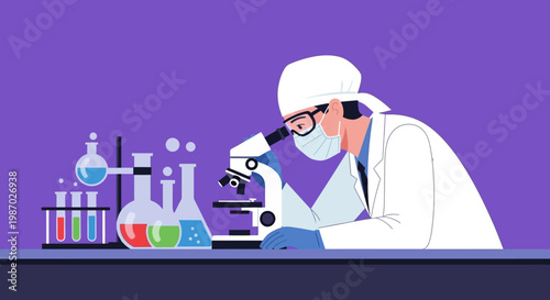 Scientist Examining Sample Under Microscope in Laboratory, Colorful Liquids in Beakers