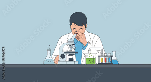 Scientist in lab coat examining specimen under microscope with colorful test tubes