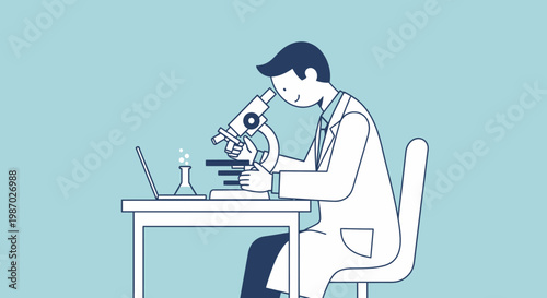 Scientist in lab coat using microscope, laptop and flask on desk, blue background