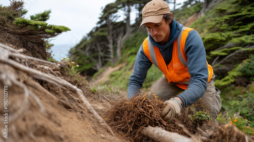 Trail maintenance volunteer in orange safety vest pulls invasive blackberry root mass from eroded hillside, volunteer work party, overcast sky filtering soft Pacific Northwest light, native habitat 