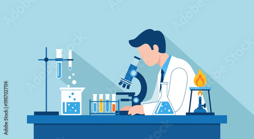 Scientist Researching with Microscope and Test Tubes in Laboratory