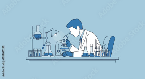 Scientist using microscope in laboratory, research and discovery concept, blue illustration