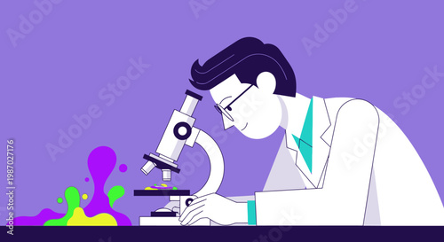 Scientist using microscope with colorful liquid splash, flat design illustration