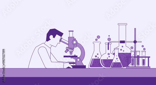 Scientist using microscope with lab equipment, research and development concept illustration