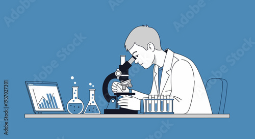Scientist working with microscope and lab equipment, science research concept