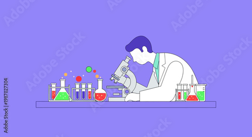 Scientist working with microscope and lab equipment, research and development concept