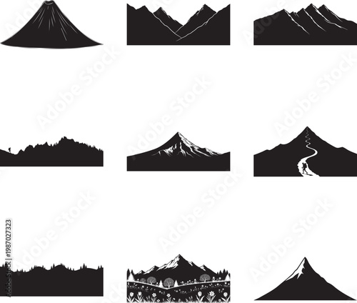 Set of nine black and white mountain peak silhouettes and msea set