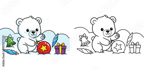 Cute Polar Bear with Christmas Ornaments Coloring Page for Kids, Festive Winter Holiday Illustration Vector Set