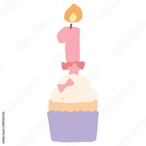 ふわふわパステルバースデー｜1歳の数字ロウソク付きカップケーキ 誕生日 幼稚園・保育園向けイラスト